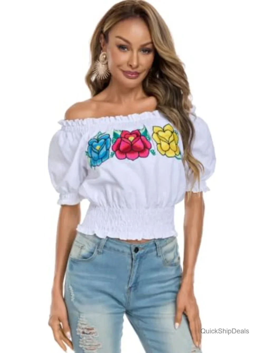 Embroidered Off-Shoulder Blouse Lace Top with Short Puff Sleeves